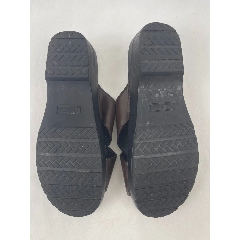 LL Bean Leather‎ Wedge Slide Sandals Womens 8.5 M Brown Cross Strap Comfort